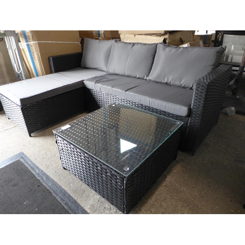 3029 - Soho furniture, three piece, L-shaped, all weather black and grey rattan garden sofa set with glass ... 