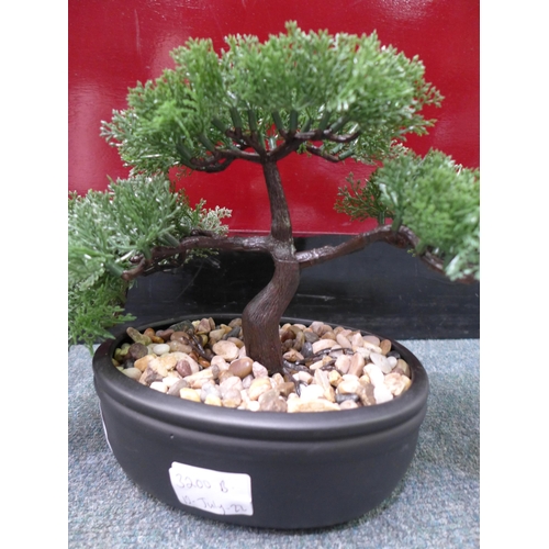 3200b - A small artificial Bonsai tree in black ceramic planter