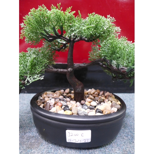 3200c - A small artificial Bonsai tree in black ceramic planter