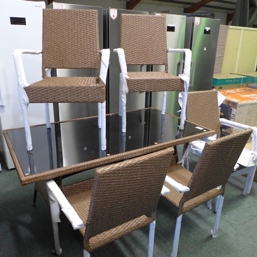 3209 - Seven piece, all weather, brown rattan dining table with glass top and six chair set  * This lot is ... 