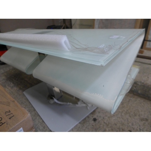 3260 - White Frosted Glass, Swivel Computer Table - Damaged Corner