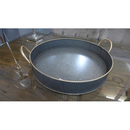 1344 - A galvanised metal tray with contrasting metal gold finish handles 38cm (369944340)