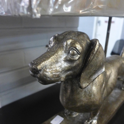 1446 - A large silver Dachshund lamp with grey shade, H 48cms x W 60cms (66692877)   #