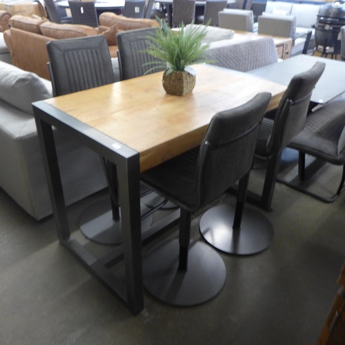 1566 - A Fire 2.0 hardwood and gun metal bar table with a set of four Novo grey leather effect bar stools