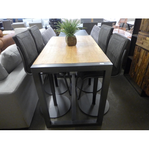 1566 - A Fire 2.0 hardwood and gun metal bar table with a set of four Novo grey leather effect bar stools