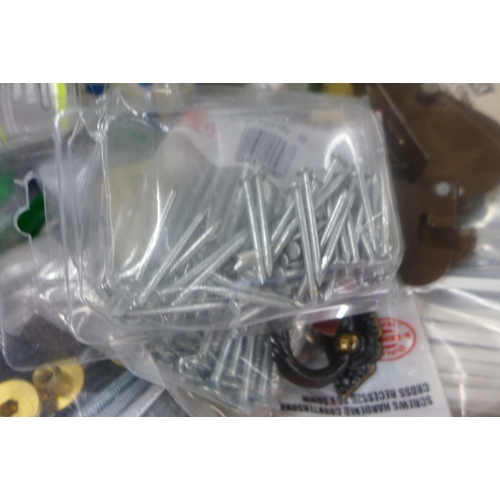 2063 - Large box of DIY hardware; screws, nails and a basket of woodworking tools