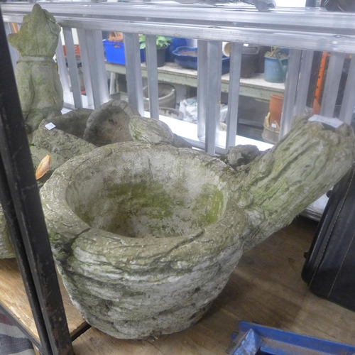 2086 - Four stone garden planters: Fox, 2 x rectangular logs and circular tree trunk