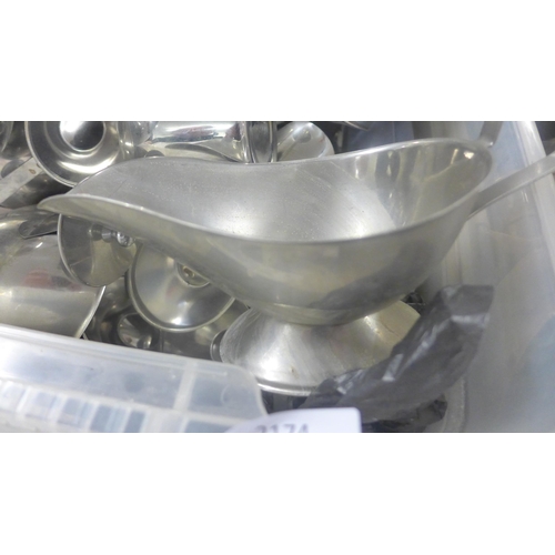 2174 - Box of catering items, milk jugs, tea pots and gravy boats, stainless steel