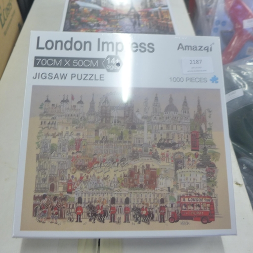 2187 - Three 1000 piece jigsaws - (German Stone Castle, Paris street scene and London Impressionist scene) ... 