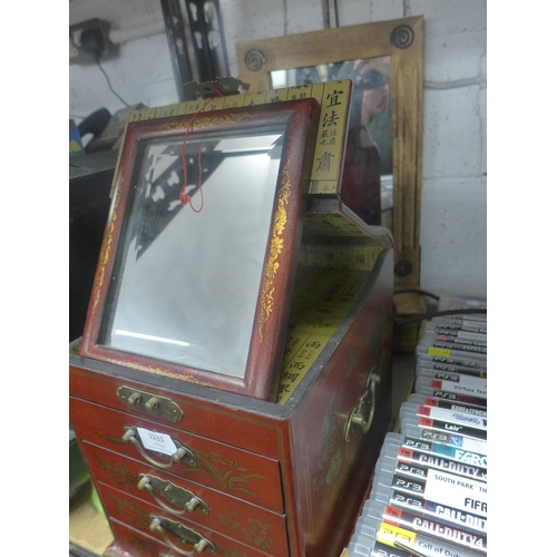 2231 - Lacquered chinoiserie jewellery box, mini chest of drawers and bathroom/hallway mirror shelf