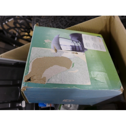 2368 - Box of misc: trays, shower curtains, battery charger, outdoor wall lights and approx 12 Crazepony bl... 