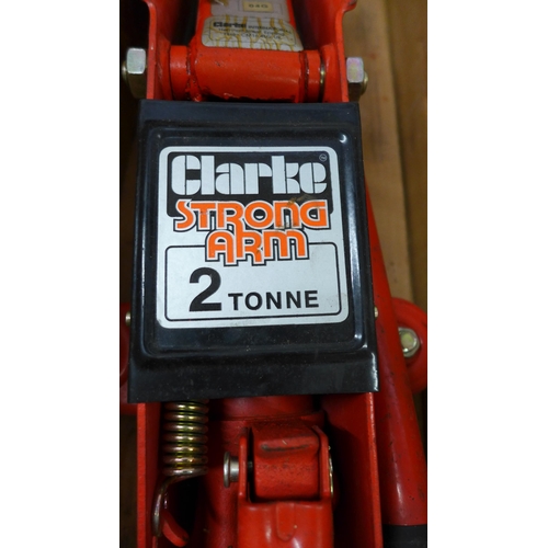 2432 - Clarke Strong Arm boxed hydraulic trolley jack and axle stands