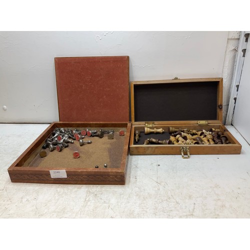 2240 - A complete metal chess set in case and a travel chess set in case