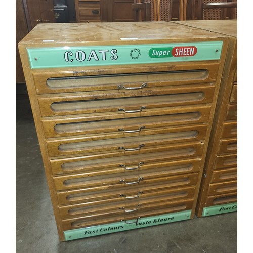 46 - A pair of vintage Coats beech nine drawer counter top haberdashery shop cabinets