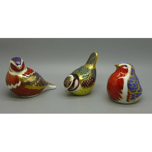 1297 - Three Royal Crown Derby bird paperweights; Robin and Blue Tit with gold stoppers and a Chaffinch wit... 