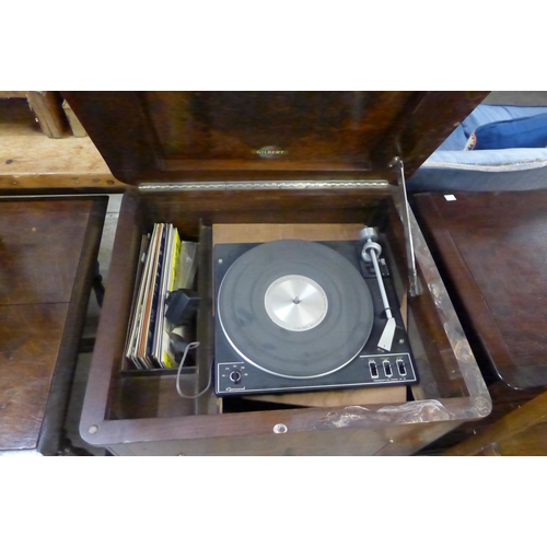 173 - An inlaid walnut gramophone cabinet and an oak bureau