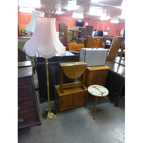 195 - A beech record cabinet, a sewing machine, small oak drop leaf table, faux onyx topped occasional tab... 