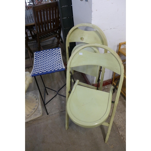 210 - Two painted folding chairs and metal stool