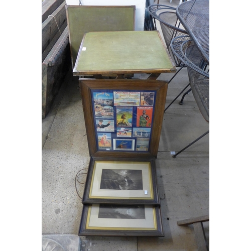 211 - A pair of folding card tables, travel advertising, etc.