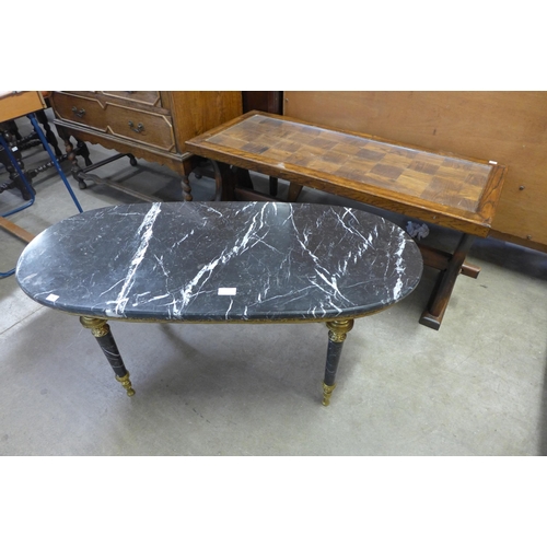 216 - An Italian style marble topped coffee (a/f) table and an elm coffee table