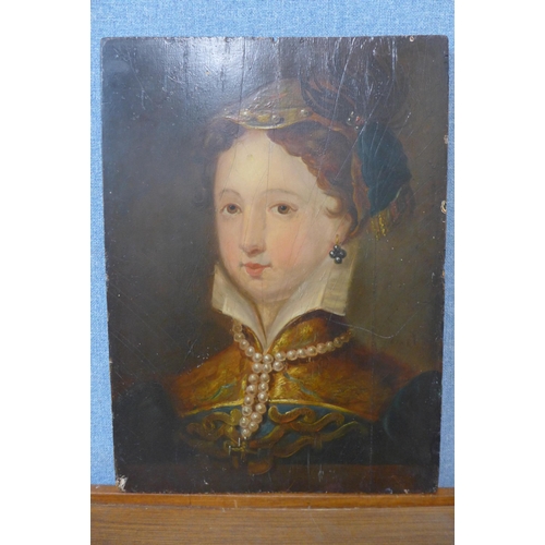 248 - A portrait of an Elizabethan lady, oil on board, 50 x 37cms, unframed