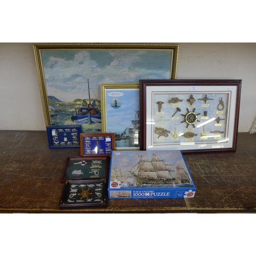 261 - * Presswood, nautical scene, oil on board, five cased sets of nautical knots and a puzzle