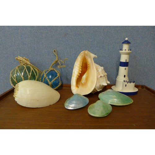 302 - Assorted sea shells, small glass floats, etc.