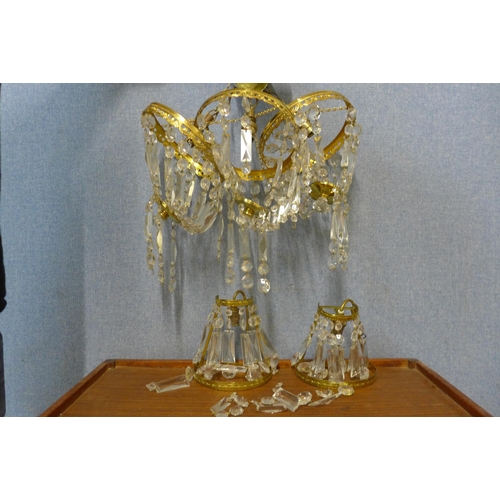 303 - Three French style gilt metal and glass droplet hanging lights and pair of wall lights