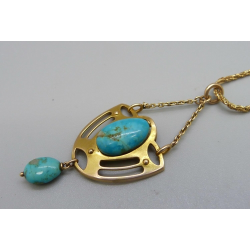 1005 - A yellow metal Arts and Crafts pendant set with turquoise, tests as 15ct gold, on an 18ct gold chain... 