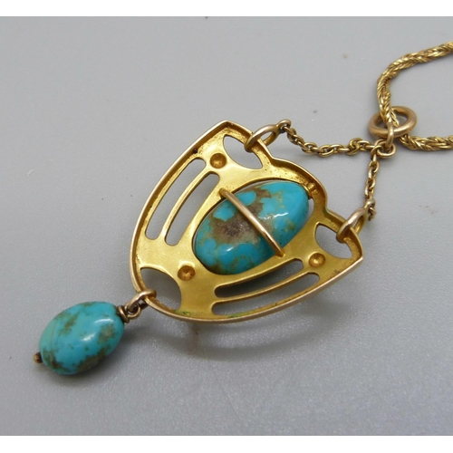 1005 - A yellow metal Arts and Crafts pendant set with turquoise, tests as 15ct gold, on an 18ct gold chain... 