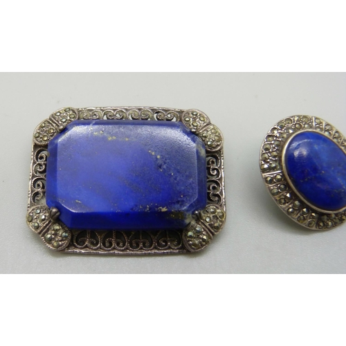 1011 - A 925 silver, lapis lazuli and marcasite brooch and a similar pair of earrings