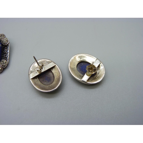 1011 - A 925 silver, lapis lazuli and marcasite brooch and a similar pair of earrings