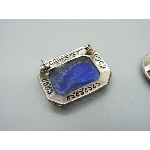 1011 - A 925 silver, lapis lazuli and marcasite brooch and a similar pair of earrings