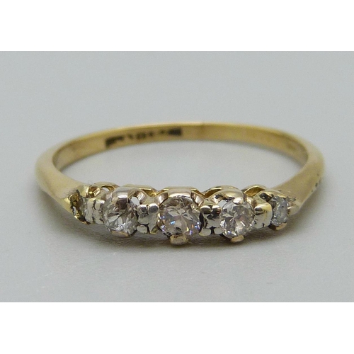 1036 - An 18ct gold, platinum set five stone diamond ring, 1.8g, N