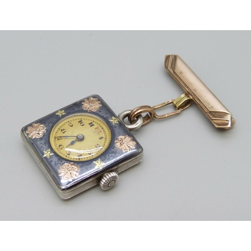 1055 - A Niello silver brooch fob watch with yellow metal decoration and French control marks, 23mm