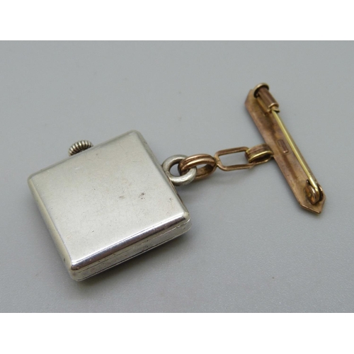 1055 - A Niello silver brooch fob watch with yellow metal decoration and French control marks, 23mm