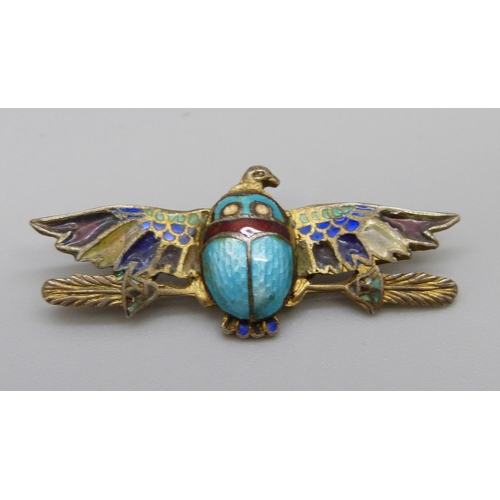 1056 - An 800 silver and enamel Egyptian Revival brooch, some enamel lacking, with a box