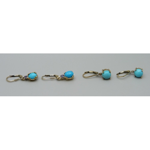 1058 - Two pairs of silver gilt and turquoise earrings