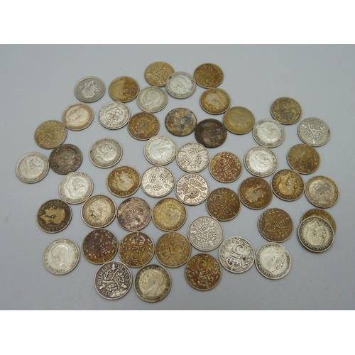 1064 - Fifty 1920 to 1946 silver 3d coins, 69.3g