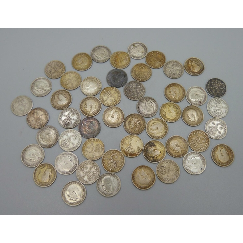 1065 - Fifty 1920 to 1946 silver 3d coins, 68.7g