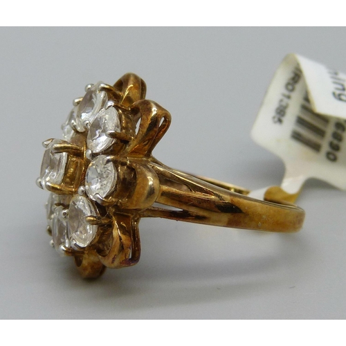 1081 - A 9ct gold white stone cluster ring, 6.2g, N