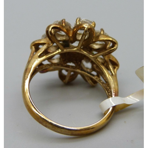 1081 - A 9ct gold white stone cluster ring, 6.2g, N