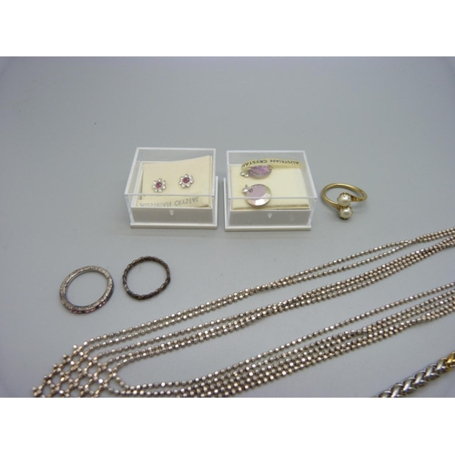 1101 - A silver multi-strand necklace, a Pierre Cardin necklace, three rings and two pairs of earrings