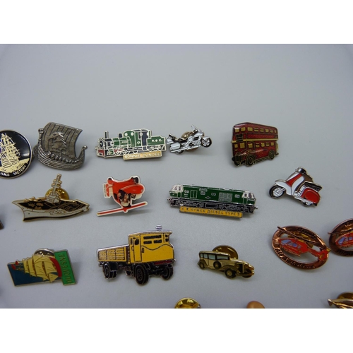 1111 - A collection of thirty-two pin badges relating to vehicles and transport