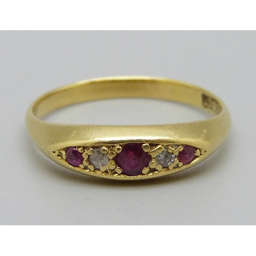 1121 - An 18ct gold, ruby and diamond ring, 3.4g, O