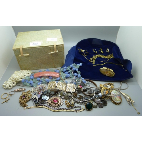 1128 - Costume jewellery including a 9ct gold, ring, brooch, (metal pin), and cross pendant, 3.2g