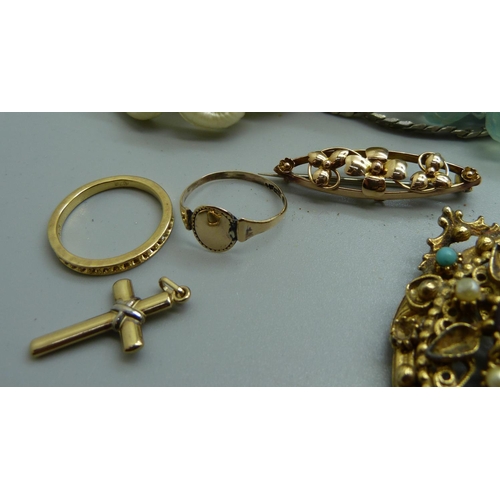 1128 - Costume jewellery including a 9ct gold, ring, brooch, (metal pin), and cross pendant, 3.2g