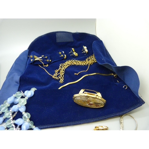 1128 - Costume jewellery including a 9ct gold, ring, brooch, (metal pin), and cross pendant, 3.2g