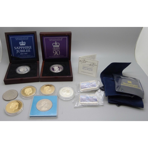 1129 - Two commemorative silver proof £5 coins and other commemorative coins