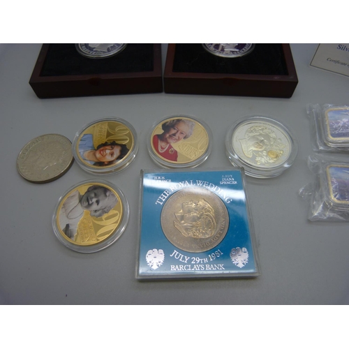 1129 - Two commemorative silver proof £5 coins and other commemorative coins